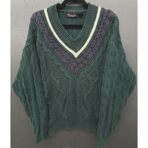 Vintage New River Tennis Sweater Men M Green Cable Knit V Neck Ivy Prep Cricket